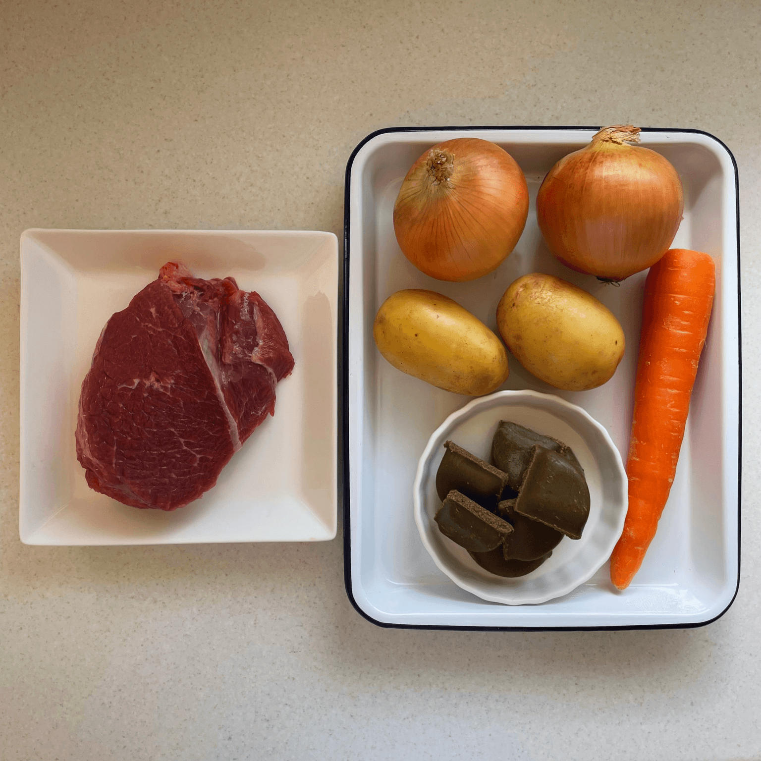 Japanese curry roux, vegetables and rice ingredients for Japanese curry