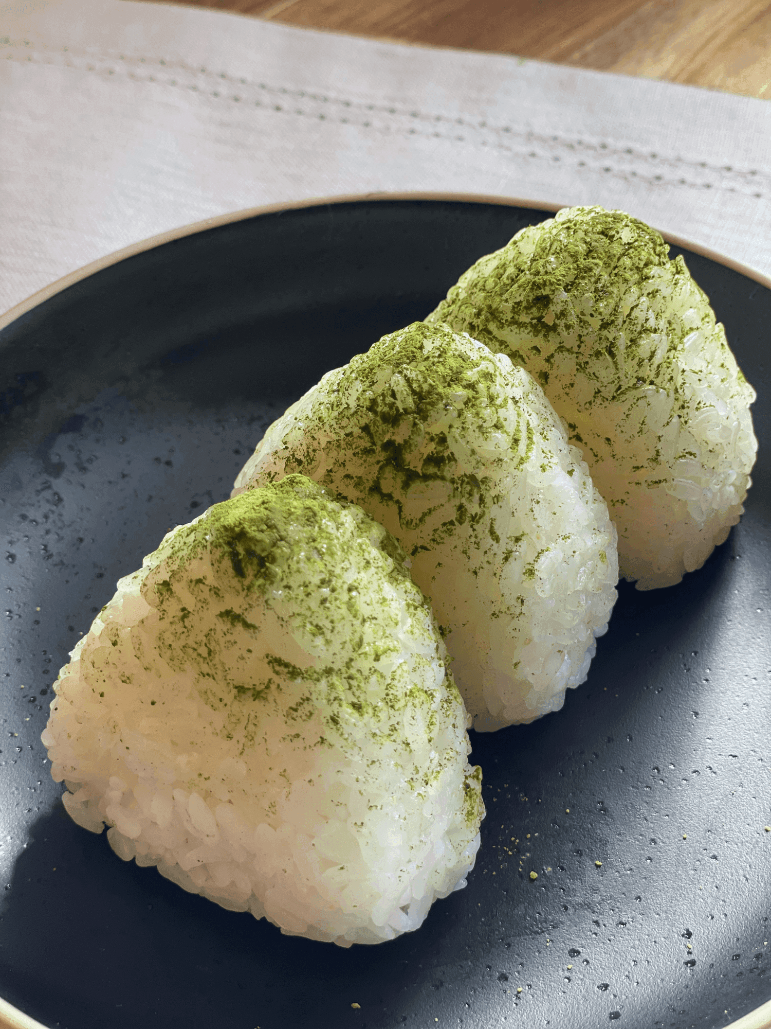 Matcha salt onigiri made with freshly cooked rice