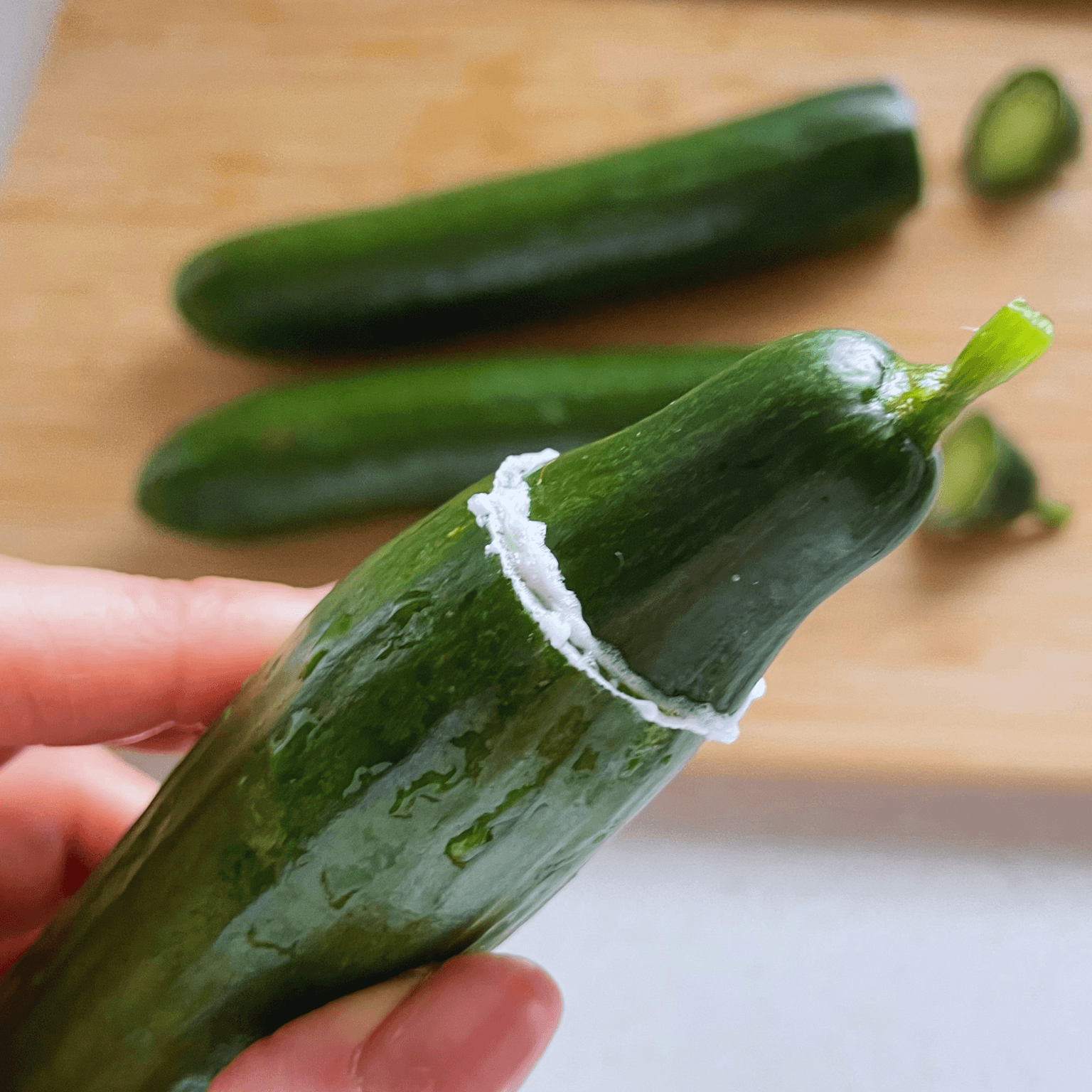 Cucumber end rubbed until white foam appears