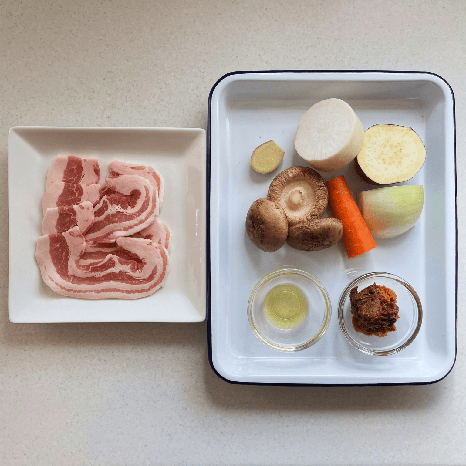 Pork, miso and vegetables for tonjiru Japanese pork miso soup